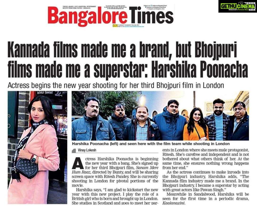 Harshika Poonacha Instagram - All this happened because of one man Mr.Abhay Sinha sir @abhaysinha181 ,My producer @yashifilms.official . Thankyou somuch @timesofindia @bangalore_times @vinay.vinaylokesh @kavyachristopher for this beautiful article πβ€. If I'm making it here in #Bhojpuri industry, it's all because of the love and support I'm receiving from my people like you all from #karnataka β€ Thankyou for the unconditional love π Lots and lots of love β€ Thankyou to my first costar powerstar @singhpawan999 ji, my second costar superstar @pradeeppandey_chintu ji and my third and lovely costar the sensation @ritesh_pandey_official ji. Thankyou π₯°β€ Special mention to the biggest producer distributor @prashantnishant ji, @tiwaripankajkumar ji #sanjaysinha ji π London, United Kingdom