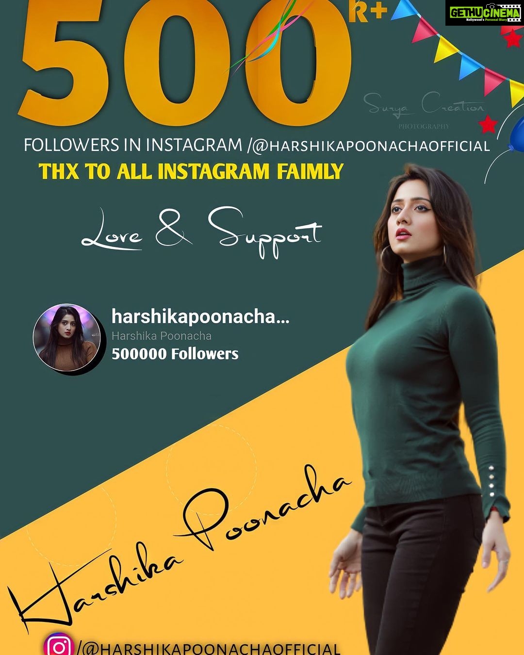 Harshika Poonacha Instagram - Yay ❤ I finally enter the 500K family 🥰 Love you half a Million followers , Now it's time to reach 1M family soon ❤♥️❤ Thankyou @bhaisurya999 for this lovely poster 😇 #harshikapoonacha #500k #followersinstagram #500kfamily #halfmillion ♥️♥️♥️