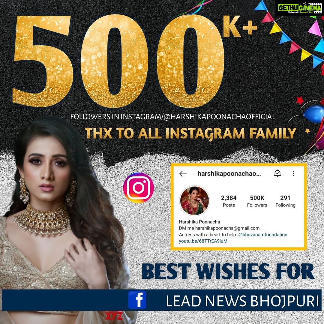 Harshika Poonacha Instagram - Yay β€ I finally enter the 500K family π₯° Love you half a Million followers , Now it's time to reach 1M family soon β€β₯β€ Thankyou @leadnewsbhojpuri @bhaisatya999 @rajput_shubhamsingh999 for this lovely poster π