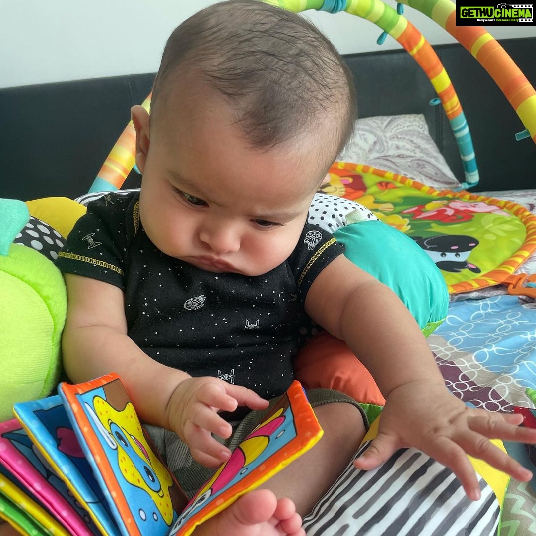 Ishaara Nair Instagram - He can stare at these books for hours 😅. No toys could hold his attention like these books do… also what activities do you suggest to entertain 3-6 month old babies? #3monthsold #babymama #boymama #mamasboy #dadasboy #diapers #motherhood #motherhoodinspired #babyinfluencer #simplymamahood #babyboyaarin # mamauae #mamaindubai #postpartum #babiesofinstagram #mamasofinstagram Dubai, United Arab Emirates