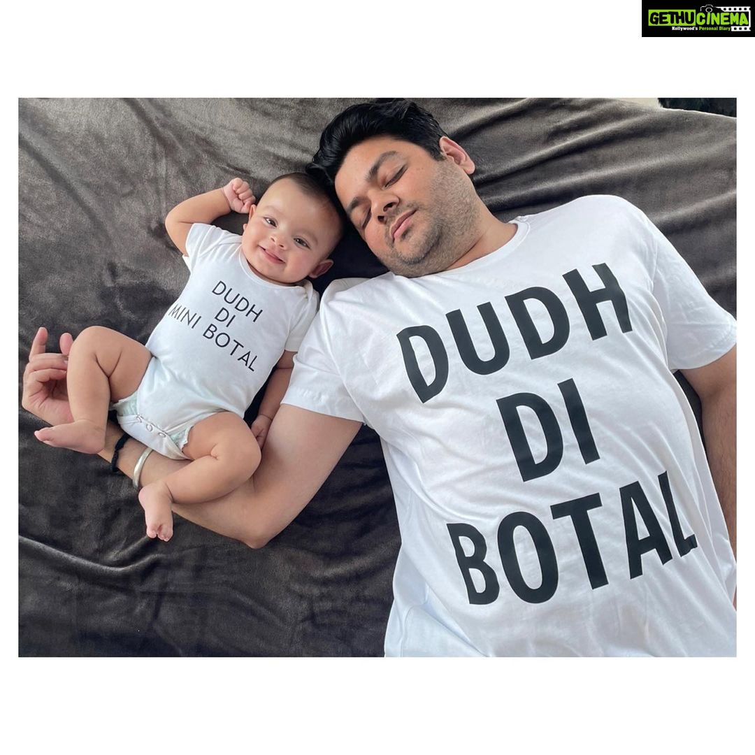 Ishaara Nair Instagram - Happy First Father’s Day to the rock of our home. OMG! It feels so surreal writing this caption. Thinking back, We have yearned for long to have our baby and now our dream has come true. I am beyond grateful that am getting to see the cutest dad-son duo everyday and my heart fills with love and joy everytime I see you both together. I cherish every moment of our togetherness. You’ve been the best lover and a best husband a girl could ask for. Now in your new avatar, you are the best dad anyone can ask for. We love you. You are the best. Happy Father’s Day Daddy dearest. Baby Aarin is very blessed to have you as his superhero. We are a blessed family. We are inseparable come what may ❤️👨👦👨👩👦 Look at these milk monsters ❤️❤️ #firstfathersday #happyfathersday #likedadlikeson #dadsonduo #myboys #blessedbeyondmeasure #happyfamily #gratitude PS: both dad and his son are obsessed with milk. So I thought of getting this t-shirt printed for them. DUDH is punjabi pronunciation of DOODH(milk) and BOTAL is for BOTTLE. So now u get the point. T-shirt and baby onesie by @inkmash Dubai, United Arab Emirates