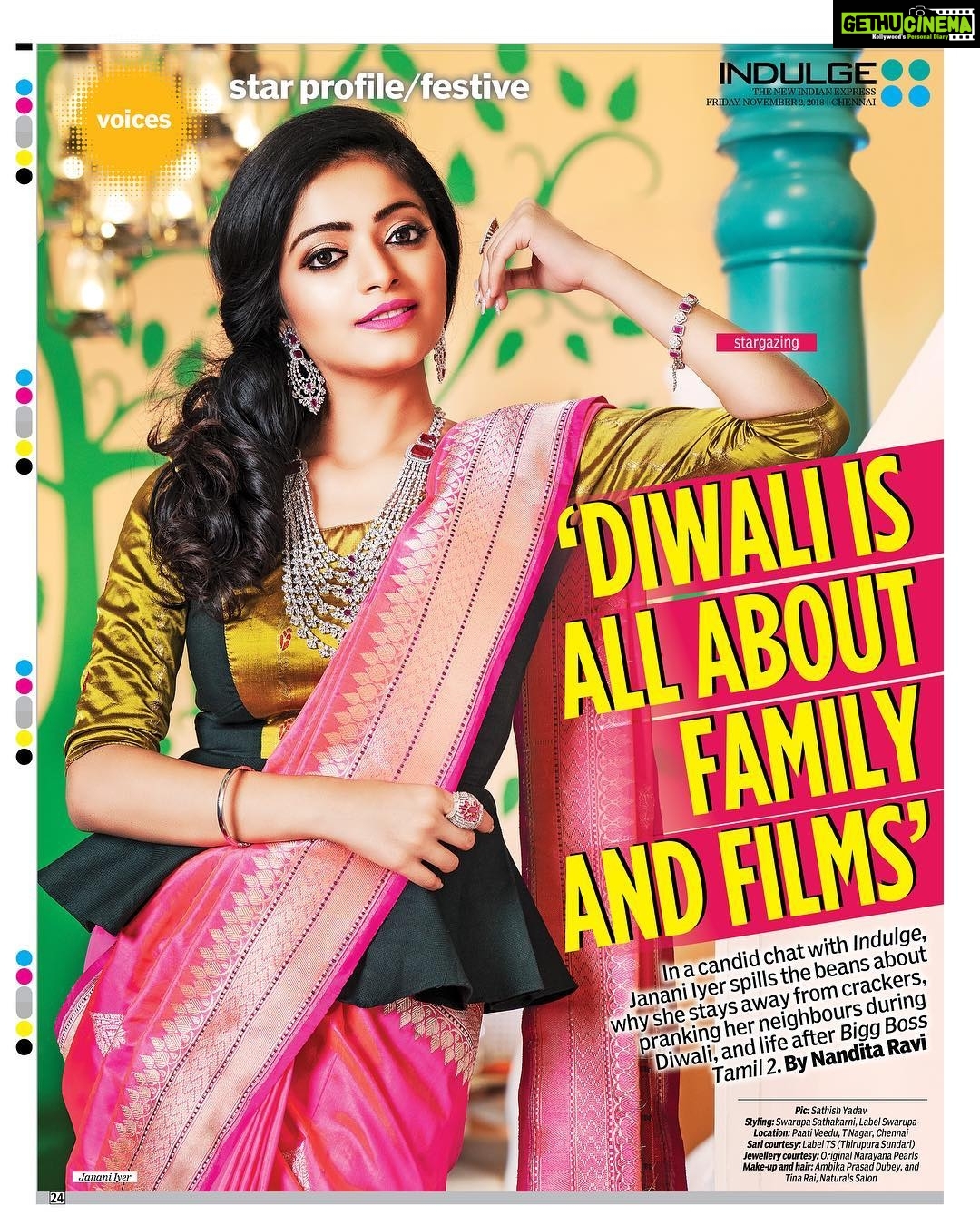 Janani Iyer Instagram - Check out my Diwali special cover story on @indulgexpress Make up - @dubeyambika Hair- Tina Rai Styling - @labelswarupa Jewellery- @original_narayanapearls Saree - @label_ts_official