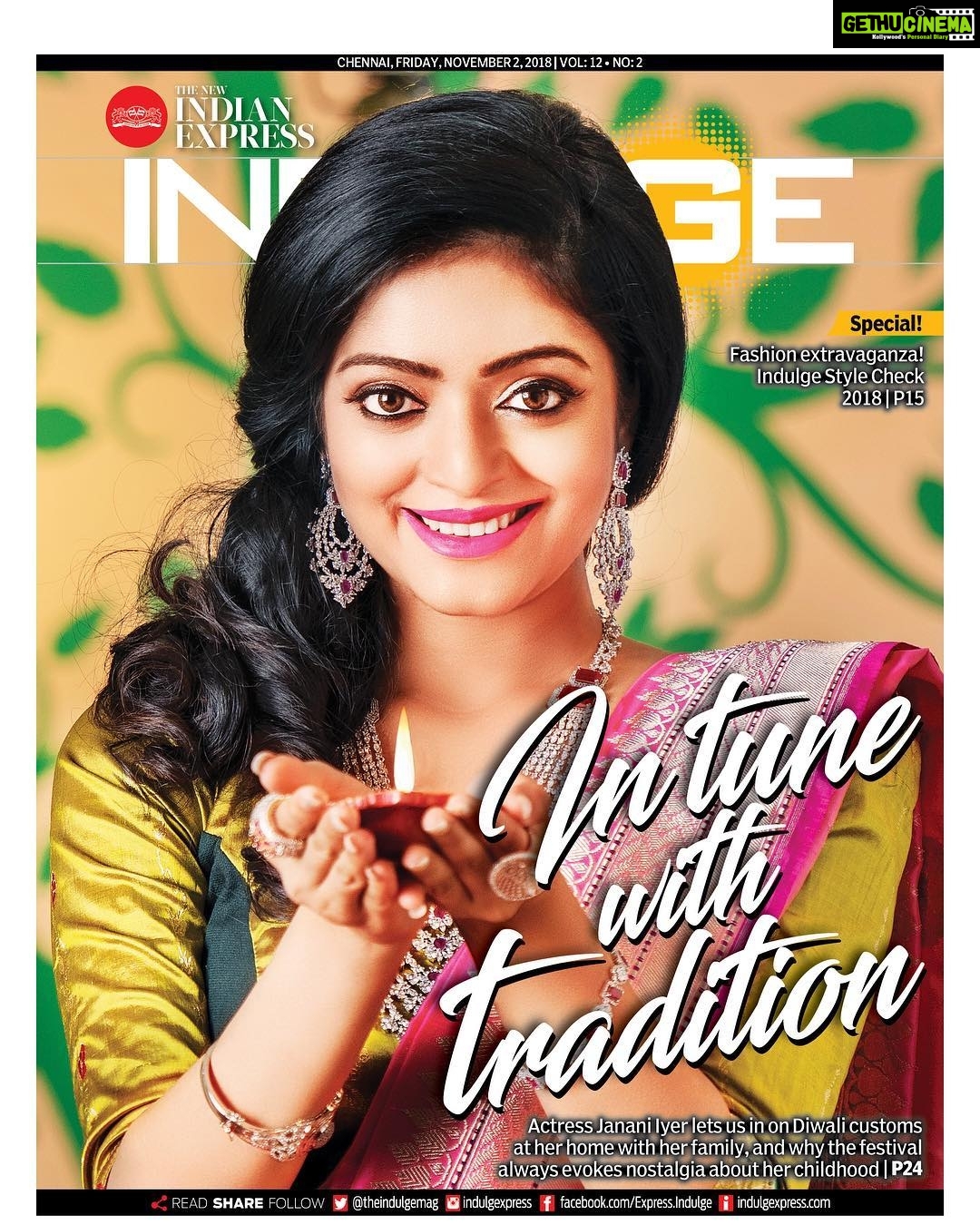 Janani Iyer Instagram - Check out my Diwali special cover story on @indulgexpress Make up - @dubeyambika Hair- Tina Rai Styling - @labelswarupa Jewellery- @original_narayanapearls Saree - @label_ts_official