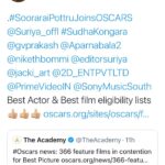 Kaali Venkat Instagram - .#SooraraiPottruJoinsOSCARS @Suriya_offl #SudhaKongara @gvprakash @Aparnabala2 @nikethbommi @editorsuriya @jacki_art @2D_ENTPVTLTD @PrimeVideoIN @SonyMusicSouth Best Actor & Best film eligibility lists 👍🏼👍🏼👍🏼 oscars.org/sites/oscars/f…