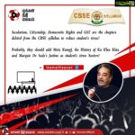 Kamal Haasan Instagram - Secularism, citizenship, democratic rights and GST are the chapters deleted from the CBSE syllabus to reduce students' stress! Probably, they should add Mein Kampf, the History of Ku Klux Klan and Marquis De Sade's Justine as students' stress busters!