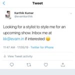 Karthik Kumar Instagram – Looking for a stylist to style me for an upcoming show. Inbox me at kk@evam.in if interested 🙂