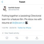 Karthik Kumar Instagram – Putting together a (assisting) Directorial team for a feature film. Pls inbox me with resume at kk@evam.in 🎥