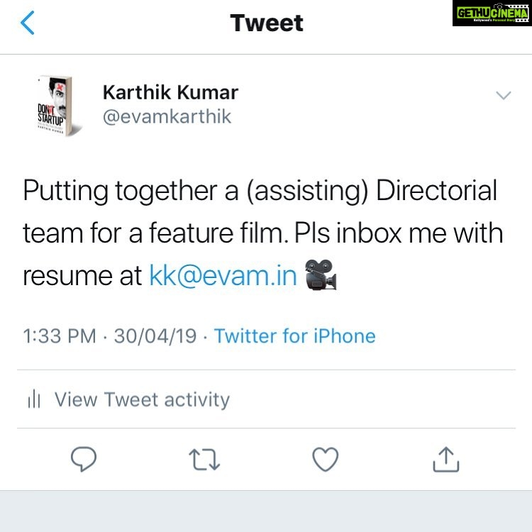 Karthik Kumar Instagram - Putting together a (assisting) Directorial team for a feature film. Pls inbox me with resume at kk@evam.in 🎥