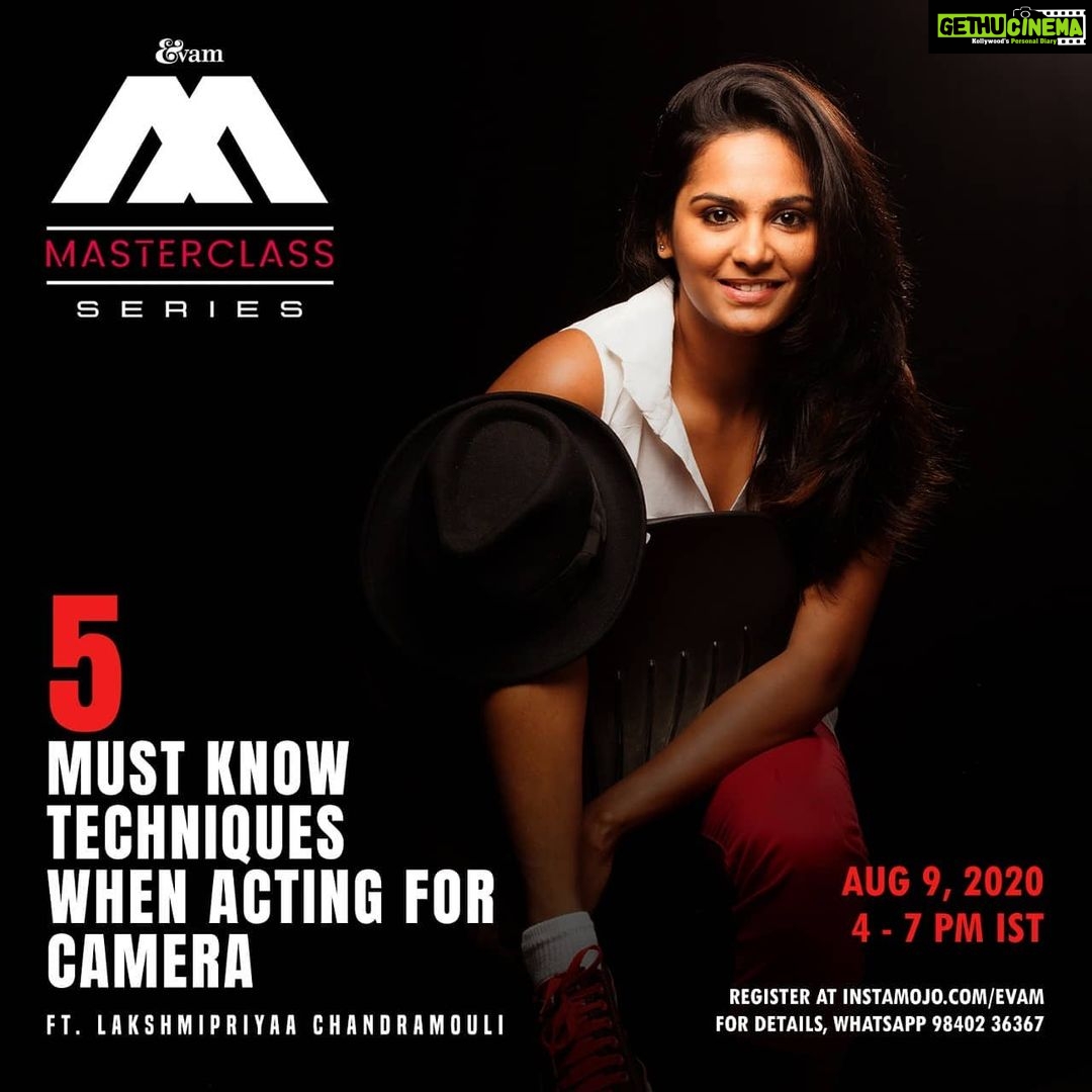Lakshmi Priyaa Chandramouli Instagram - This is batch 2 of my acting masterclass! Specifically 'Acting For Camera'! A lot of us are wonderful performers but it when in front of camera, something happens and we are not able to do our best always. Join this masterclass to understand five most important techniques you need to know to be able to perform at your best possible ability in front of the camera! It's online and on a Sunday! Spend 3 hours this weekend productively! See you there :) #OnlineActingWorkshop #OnlineActingClass #OnlineActingMasterclass #ActingFor Camera