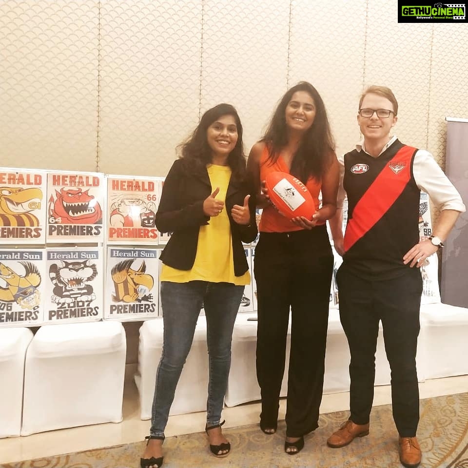 Lakshmi Priyaa Chandramouli Instagram - Got introduced to a new sport today! Watched the grand finals of the Australian Football League (Pretty much the Superbowl of Australia) at the screening (so well organised) by @aushcindia. It was a game between The Richmond Tigers (Who won the title this year) and Great Western Sydney Giants. I must say, once you understand the rules, the game is super addictive to watch. It's also one of the most difficult sports as it has the biggest field in any sport ever. Always fun to learn a new sport. Looking forward to watching more games. Thank you @vijy_04 for inviting me and Andrew for introducing the sport to me. Was great fun! :) #AustralianFootballLeague #RichmondTigers #greaterwesternsydneygiants #GrandFinals #AustralianHighCommissionChennai #NewSport #AFL #AFLIndia Taj Connemara