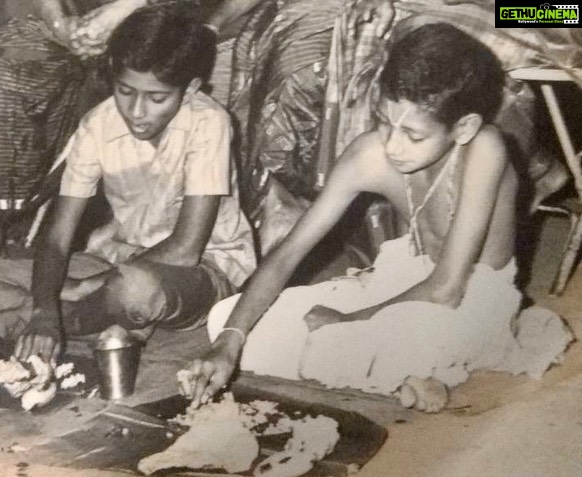 Lakshmy Ramakrishnan Instagram - Childhood besties became ‘Machans’, the young man garlanding Ram is my bro ( cousin Sriram) and the black and white pic is Ram ( with the shirt on) and Sriram, during Sriram’s upanayanam.