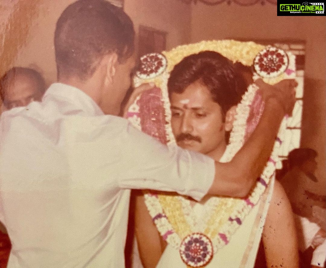 Lakshmy Ramakrishnan Instagram - Childhood besties became ‘Machans’, the young man garlanding Ram is my bro ( cousin Sriram) and the black and white pic is Ram ( with the shirt on) and Sriram, during Sriram’s upanayanam.