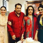 Madhoo Instagram - Happy Wala day 🎂🌈💜 @dreamgirlhemamalini @aapkadharam @imeshadeol 💜💜💜