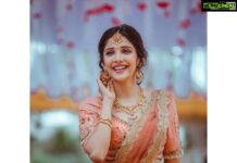 Milana Nagaraj Instagram - Making my heart smile 💖 Credits: @darling_krishnaa 💖 Wearing: @anyracouture MUA: @makeup_sachin Accessories: @bcos_its_silver PC: @barrys.photography #halfsaree #milananagaraj #weddingattire #brotherswedding