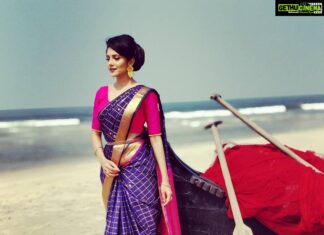 Milana Nagaraj Instagram - Love everything about this picture💜 #Beach #Saree #SouthaIndianLook!