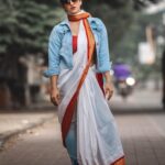 Misha Ghoshal Instagram - When u can’t decide between ur fav denims and a saree lol 😂 Designer: @styleupramyasekar Saree : @dd_silkhouse. blouse: @ramya_sekar_design_studio MUA: @devismakeupartistry hairstylist: @rama_sareedrapist Jewellery: @chennai_jazz Photography: @portraitsbyunni and @infinity_skylight #photography #photoshoot #styling #fushion #chennai #omr #denimjacket #denim #saree #actor #actorslife #shoot