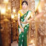Naina Sarwar Instagram – The south indian bride💚💚💚
#jewelleryad #NAJ #gold #diamonds #shoot #green #yellow #saree  #pose #royalty #elegance #dolledup #typicalsouth #Ethnic #colorfull #bright #grand #wedding #travel Hyderabad