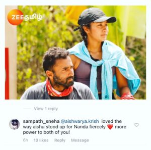 Nandha Durairaj Instagram - A LIE HAS SPEED,BUT TRUTH HAS ENDURANCE-Edgar j mohn…THANK U AISHU MAM…U STOOD UP FR THE TRUTH…U STOOD UP FR NANDAA..#zeetamil #survivortamil#aishu #vedargal