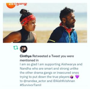 Nandha Durairaj Instagram - A LIE HAS SPEED,BUT TRUTH HAS ENDURANCE-Edgar j mohn…THANK U AISHU MAM…U STOOD UP FR THE TRUTH…U STOOD UP FR NANDAA..#zeetamil #survivortamil#aishu #vedargal