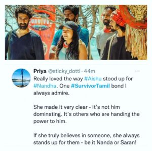 Nandha Durairaj Instagram - A LIE HAS SPEED,BUT TRUTH HAS ENDURANCE-Edgar j mohn…THANK U AISHU MAM…U STOOD UP FR THE TRUTH…U STOOD UP FR NANDAA..#zeetamil #survivortamil#aishu #vedargal