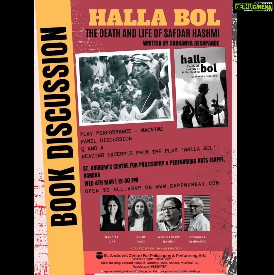 Nandita Das Instagram - Come if you can. A book on Safdar Hashmi, my mentor, by Sudhanva Deshpande, who introduced me to the world of politics and street theatre, during my last year of school. Grateful to both and to that time. I will be reading an excerpt from the play Halla Bol, written and directed by Safdar Hashmi & reliving the role of Ashsho. I had performed it more than 50 times!! Excited! St. Andrew's Centre For Philosophy And Performing Arts