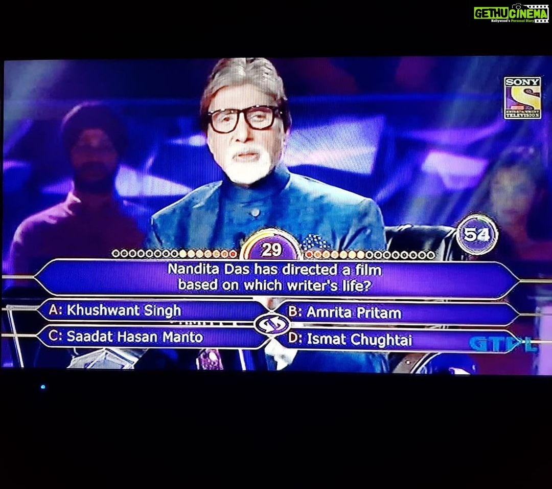 Nandita Das Instagram - Thank you KBC and Amitji for thinking of Manto and me! 😃