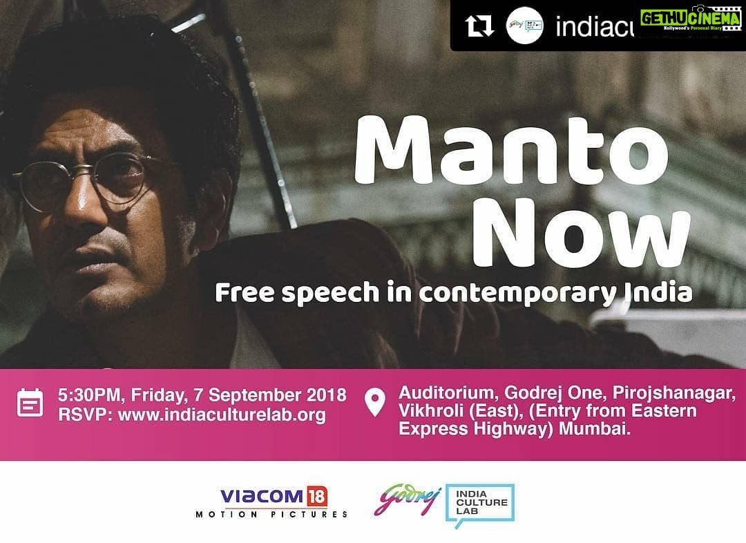Nandita Das Instagram - #Repost @indiaculturelab ・・・ Our upcoming event #MantoNow is already house full! We are collaborating with @viacom18motionpictures to host a special conversation as a precursor to the national release of @nanditadasofficial's @mantofilm. We will have the film’s cast members @nawazuddin._siddiqui and @rasikadugal, literary historian @rakhshandajalil, as well as @naziaerum, author of Mothering a Muslim, at our Lab. The registrations for the event are closed, so please join our Facebook live stream on 7 September at 5:30pm. #MantoNow #Manto #NawazuddinSiddiqui #RasikaDugal #NaziaErum #RakhshandaJalil #FreeSpeech #FreedomOfSpeech #SaadatHasanManto #HouseFull #FacebookLive #MotheringAMuslim #FreeSpeechInIndia #ContemporaryIndia #Freedom #PanelDiscussion #Literature #UrduLiterature #Viacom18MotionPictures #IndiaCultureLab #Godrej #VivaVikhroli