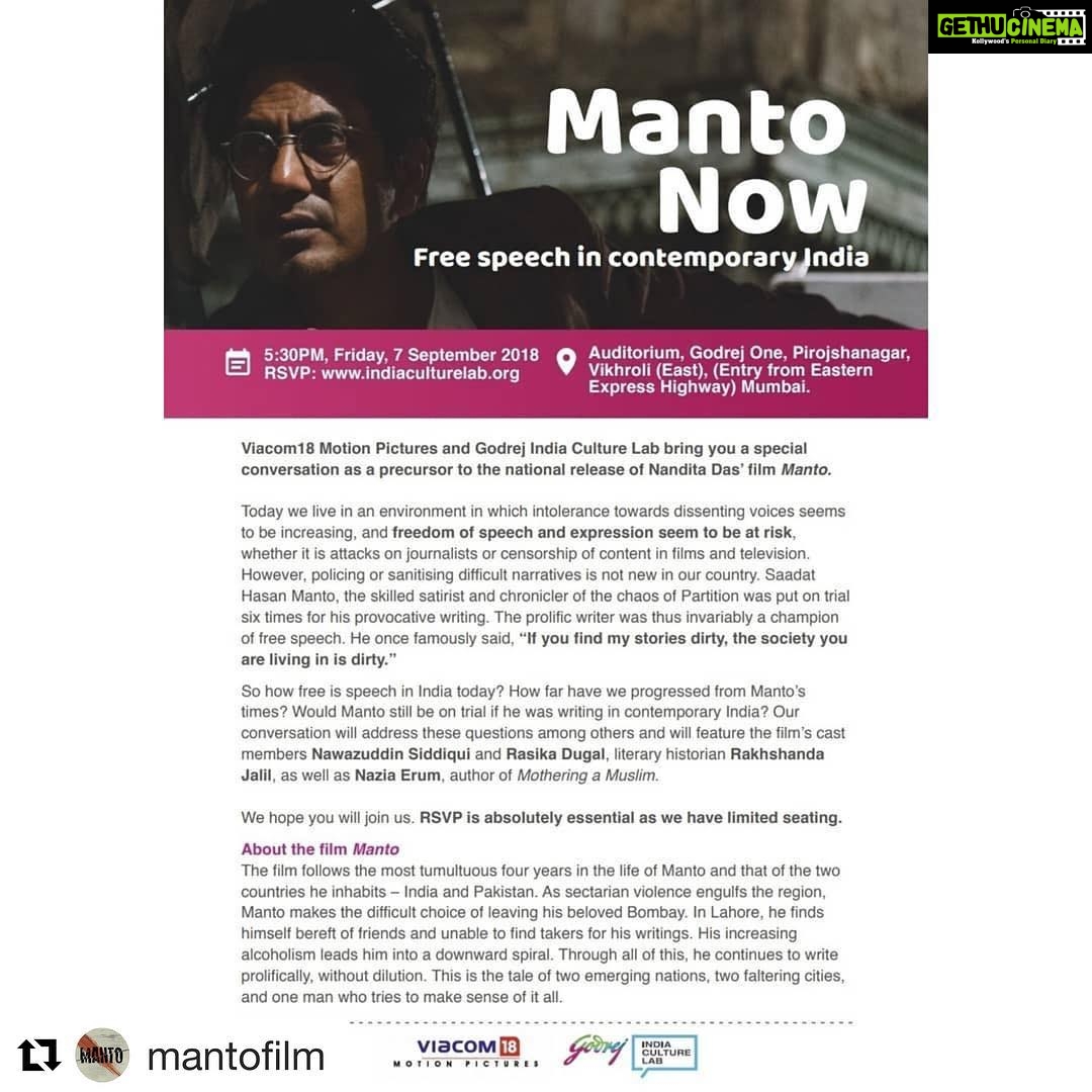 Nandita Das Instagram - #Repost @mantofilm with @get_repost ・・・ We continue to stand for what Manto believed in! Join the Free speech movement with @nawazuddin._siddiqui & @rasikadugal in association with @godrej_group. @viacom18motionpictures @hp_india #FilmStoc @nanditadasofficial @rasikadugal #PareshRawal #JavedAkhtar #RishiKapoor @gurdasmaanjeeyo @tahirrajbhasin #JatishVarma #SameerDixit @MagicIfFilms #manto