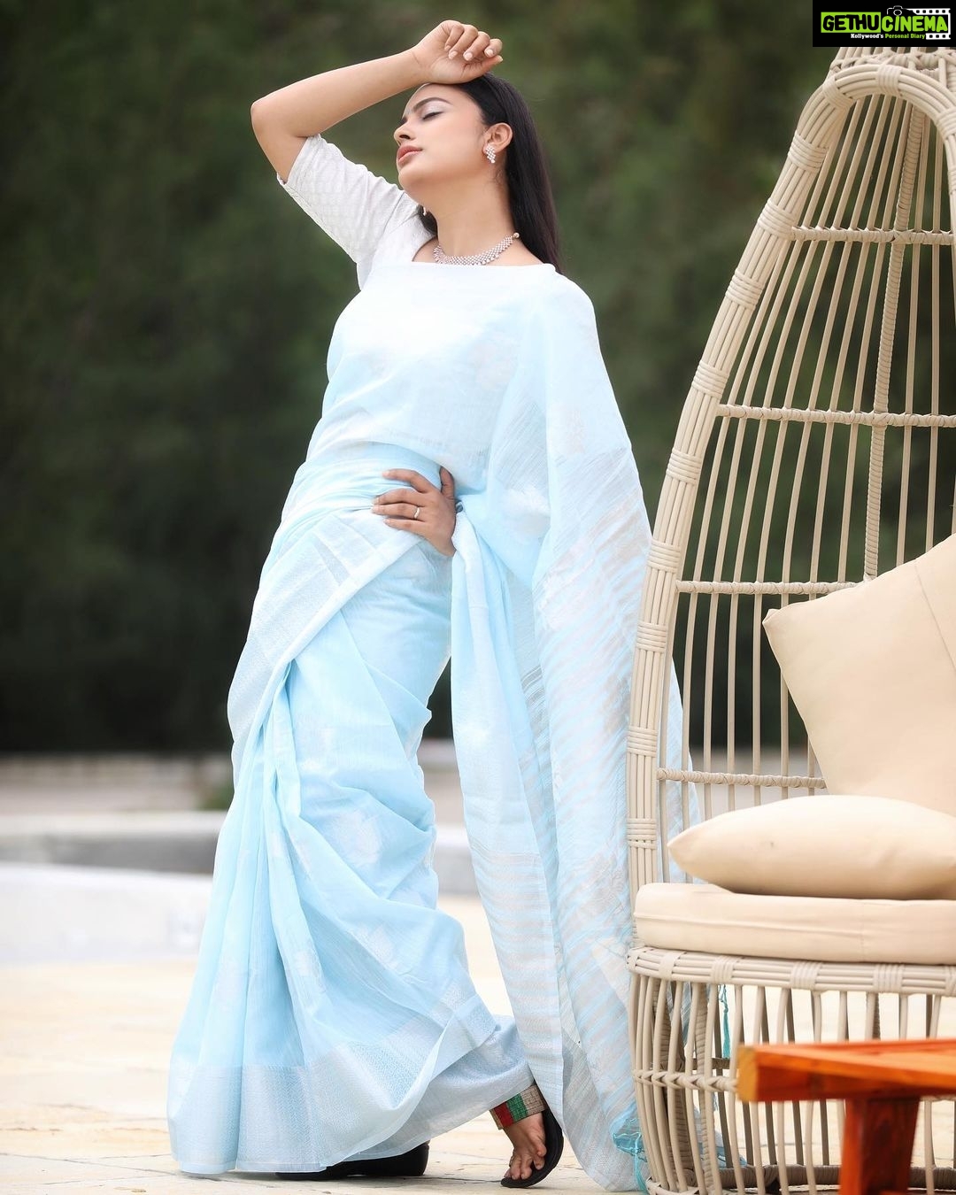 Nandita Swetha Instagram - ‘Sky has no limit’ Wearing @a_j_collections saree . .accessories by @kayem_accessories . Clicked by @saisathishvijayan 📸📸📸 #sareelove #saree #sareedrape #sareedraping #sareelovers #sareesofinstagram #homely #bluesaree #traditional #skyblue #blouse #blousedesigns #poser #posing #strighthair #makeupon #actress #collaboration #supportsmallbusiness #womenentrepreneurs #bangalore #southactress #southindian #southgirl #instapic #instagram #instadaily #hashtags #trending #nanditaswetha