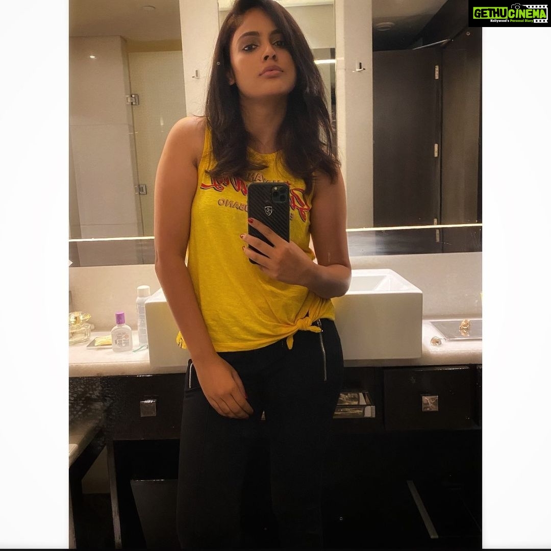 Nandita Swetha Instagram - Ok on demand 😋😋 Top - @superdry Pant- @zara Shot on @apple #iphone11pro #mirrorselfie #yellow #cool #look #selfie #life #profession #poser #actor #makeup