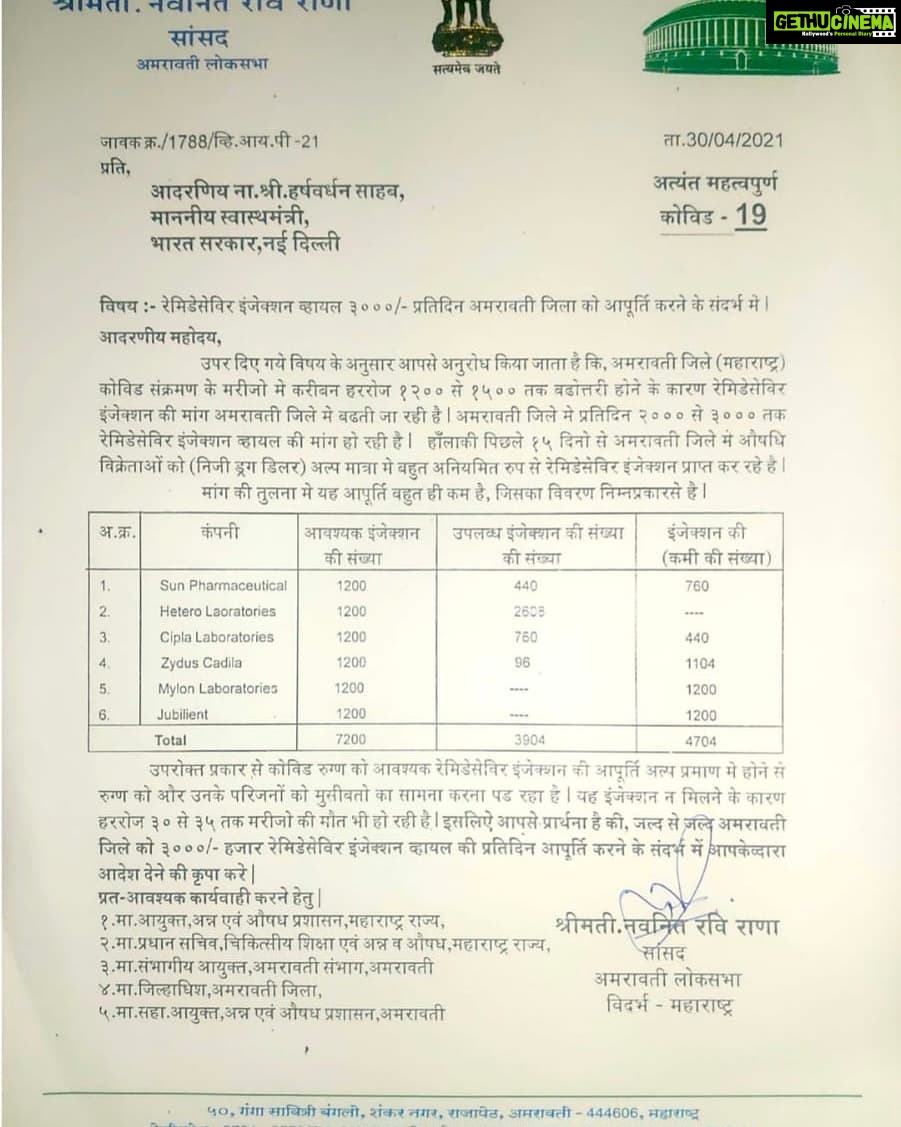 Navaneet Kaur Instagram - अमरावती जिल्ह्याला प्रतिदिन 3000 रेमडीसीवर वायल चा पुरवठा करा-खासदार सौ नवनीत रवी राणा व आमदार रवी राणा यांची दिल्ली येथे केंदीय आरोग्य मंत्री डॉक्टर श्री हर्षवर्धन यांना प्रत्यक्ष भेटून मागणी
