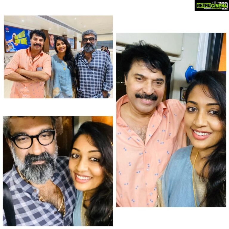 Navya Nair Instagram - Fan girl moment mammokka ..@mammootty .. am myself because of the one and only character balamani penned by this genius writer and maker ranji ettan @balakrishnan_ranjith .. airport meetings .. long journey ended in such a happy note ...