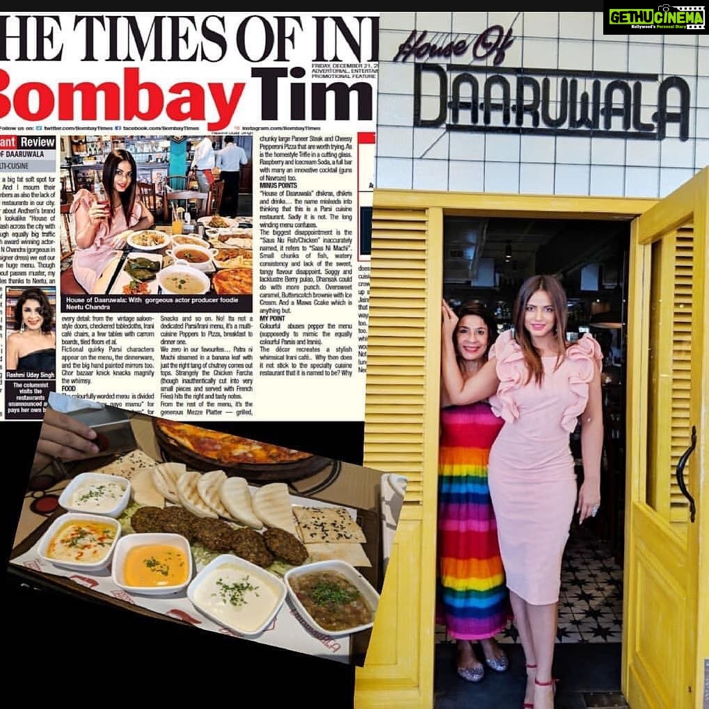 Neetu Chandra Instagram - #Repost @rashmiudaysingh . . . . I admit. I have a big fat soft spot for Irani cafes. And I mourn their dwindling numbers as also the lack of good Parsi food restaurants in our city. So when I hear about Andheri’s brand new Irani café lookalike “House of Daaruwala” I dash across the city with big hopes through equally big traffic jams. Along with award winning actor-producer Neetu N Chandra (gorgeous in her bespoke designer dress) we eat our way through the huge menu for my weekly review in my @bombaytimesofficial column. Though the food just about passes muster my afternoon sparkles, thanks to Neetu, an awesome combination of beauty talent and strength, an international player black belt 4th Dan in taekwondo, basketball champ and foodie who’s been straddling Bollywood and Hollywood. And it was over out breakfast in the iconic @bevhillshotel #losangeles that I first learnt about #taekwando from her Here in @houseofdaaruwala we both love the décor which recreates a stylish whimsical Irani café.. Why then does it not stick to the specialty cuisine restaurant that it is named to be? Why does it lapse into yet another multi-cuisine mish-mash? Obviously to be a crowd pleaser and to be serve up something for everyone (including Jains and vegans.) The good news is that it does this not just in a okayish way but keeps its prices in moderation too. And amid a charming ambiance too. It brings a much needed whiff of whimsy and nostalgia to Andheri. But would I drive back all the way again? Not really, unless ofcourse I had a lunch date with the vivacious Neetu Chandra.