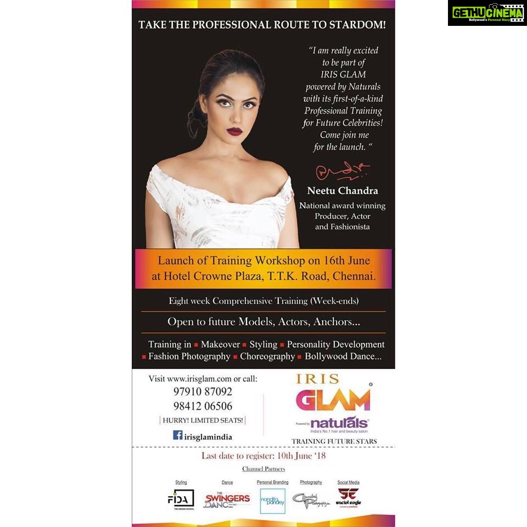 Neetu Chandra Instagram - Hey guys, catch me on the 16th June 2018 at Hotel Crown Plaza, Chennai for the launch of the IRIS GLAM powered by Naturals - Professional training academy! Last date to register: 10th June 2018. To register visit www.irisglam.com or Call: 9791097092/9841206506