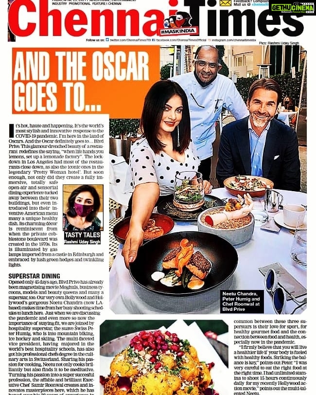 Neetu Chandra Instagram - In the #oscars vibes, #foodies take all the awards! #chennaitimes with @rashmiudaysingh @humigpeter @beverlywilshire #blvdprive 💛