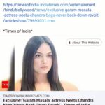 Neetu Chandra Instagram – The Times of India exclusive story coverage 

https://timesofindia.indiatimes.com/entertainment/hindi/bollywood/news/exclusive-garam-masala-actress-neetu-chandra-bags-never-back-down-revolt/articleshow/79693031.cms

*Times of India*