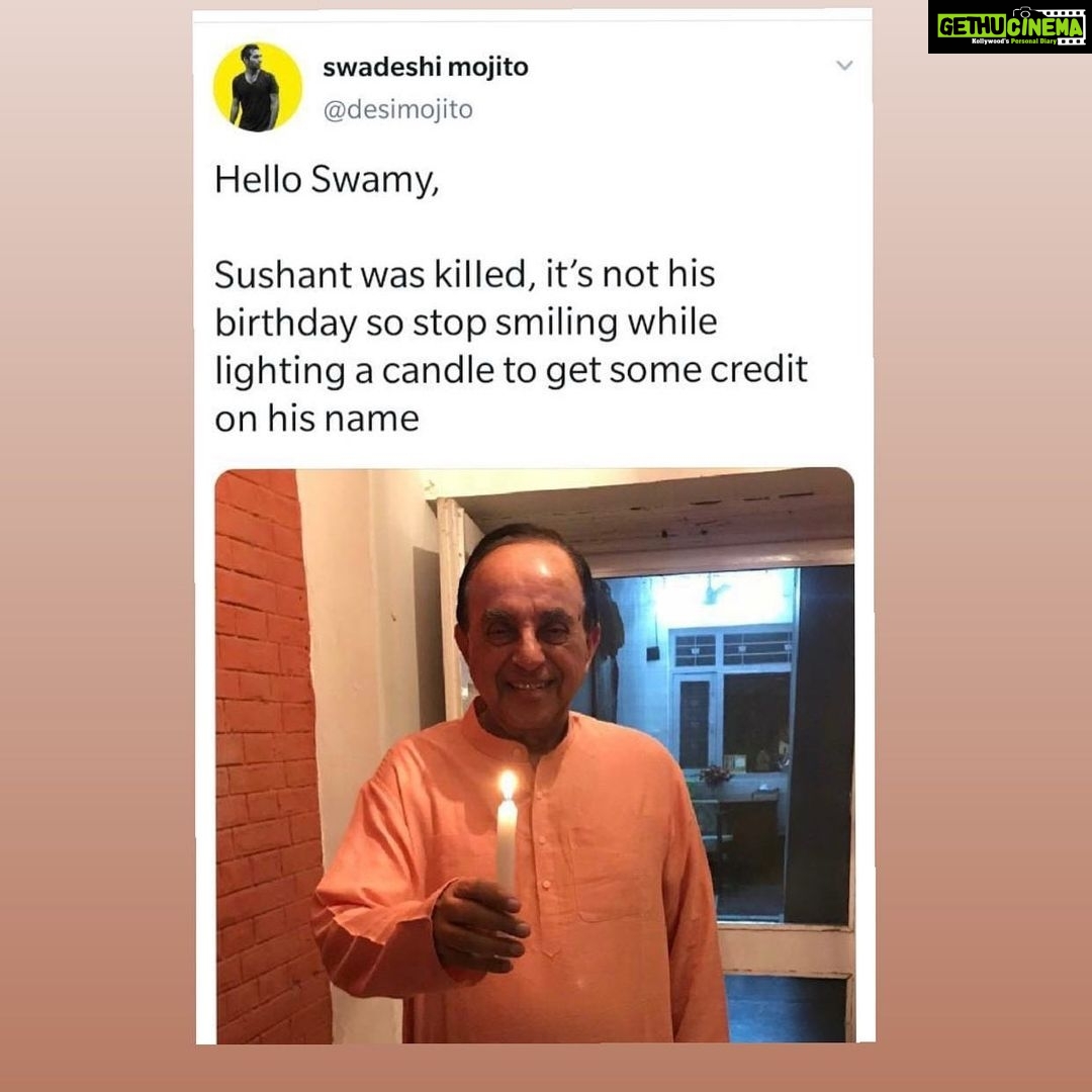 Payal Rohatgi Instagram - Who is the TEAM of Dr. Swamy ji ??? The PR needs to be held accountable for circulating this picture. Swamy ji is a good man and ethically working for Sushant case but people around him need to be reshuffled as they are NOT genuine 🙏 #payalrohatgi #candle4ssr