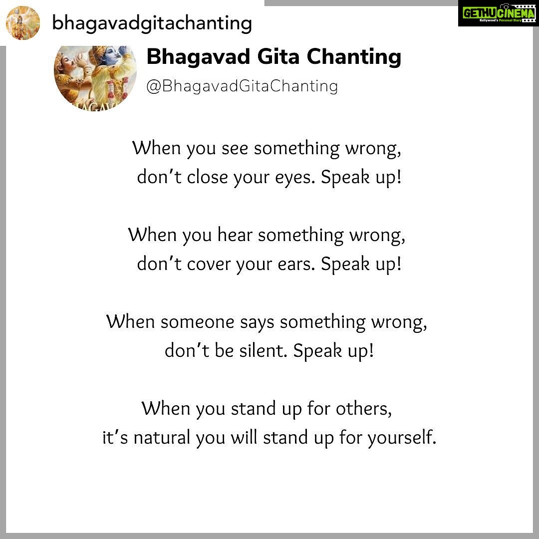Payal Rohatgi Instagram - ❤️ #payalrohatgi Posted @withregram • @bhagavadgitachanting When you see something wrong, don’t close your eyes. Speak up! When you hear something wrong, don’t cover your ears. Speak up! When someone says something wrong, don’t be silent. Speak up! When you stand up for others, it’s natural you will stand up for yourself. #motivation #lifecoach #quotes #lifequotes #bhagavadgitachanting #bhagavadgitachantingQuotes #krishna #spiritually #thoughts #quoteoftheday #life #postivevibes #goodvibesonly #quotestagram #instagood #goodvibesonly #quotesaboutlife #wisdom #mentalhealth