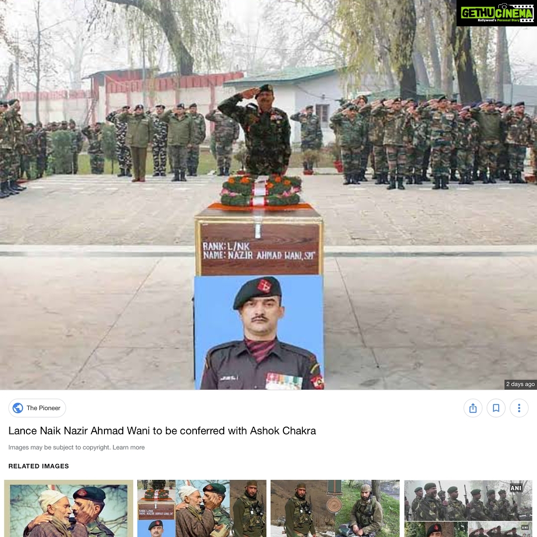 Poonam Kaur Instagram - Recepient of #ashokchakra #2019 ...... he was just 38 .....real hero who sacrificed life for us ..... I thanked him in my prayers n prayed for his family too .... that's one thing that we can do .... send some gratitude to this noble soul #nazirahmadwani ......#indianarmy ....." Jai hind " ........ Since his enrolement in the Army, Lance Naik Nazir Ahmad Wani, SM**, epitomised qualities of a fine soldier. He always volunteered for challenging missions, displaying great courage under adverse conditions, exposing himself to grave danger on numerous occasions in the line of duty. This is evident from the two gallantry awards conferred on him earlier. Lance Naik Nazir, yet again insisted on being part of the assault team during Operation Batagund launched by 34 Rashtriya Rifles Battalion on 25 Nov 2018 post receipt of credible intelligence regarding presence of six heavily armed terrorists in Shopian district of Jammu and Kashmir. Tasked to block the most likely escape route, Lance Naik Nazir, moved swiftly with his team to the target house and tactically positioned himself within striking distance. Sensing danger, the terrorists attempted breaching the inner cordon firing indiscriminately and lobbing grenades. Undeterred by the situation, the NCO held ground and eliminated one terrorist in a fierce exchange at close range. The terrorist was later identified as a dreaded district commander of Lashker-e-Taiba. Thereafter, displaying exemplary soldierly skills, Lance Naik Nazir closed in with the target house under heavy fire and lobbed grenades into a room where another terrorist was hiding. Seeing the foreign terrorist escaping from the window, the NCO encountered him in a hand to hand combat situation. Despite being severely wounded, Lance Naik Nazir eliminated the terrorist. Showing utter disregard to his injury, Lance Naik Nazir continued to engage the remaining terrorists with same ferocity and audacity. He injured yet another terrorist at close range, but was hit again and succumbed to his injuries.