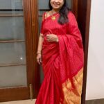 Poornima Bhagyaraj Instagram - Beautiful saree, this vibrant red. A birthday gift from my daughter Sharanya. Love it .❤️🤗 @sharanyabhagyaraj blouse specially embroidered for the occasion by my store @poornimas_store @kikivijay11
