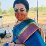 Poornima Bhagyaraj Instagram – At Suryavamsam shoot location in our matching vetiver mask. Thank you @prashanti06 for the beautiful saree