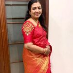 Poornima Bhagyaraj Instagram - Beautiful saree, this vibrant red. A birthday gift from my daughter Sharanya. Love it .❤️🤗 @sharanyabhagyaraj blouse specially embroidered for the occasion by my store @poornimas_store @kikivijay11