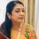 Poornima Bhagyaraj Instagram - A lovely peach saree and embroidered ribbon work blouse by my team @poornimas_store photograph by @sharanyabhagyaraj