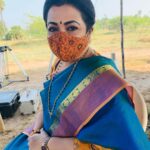 Poornima Bhagyaraj Instagram – At Suryavamsam shoot location in our matching vetiver mask. Thank you @prashanti06 for the beautiful saree