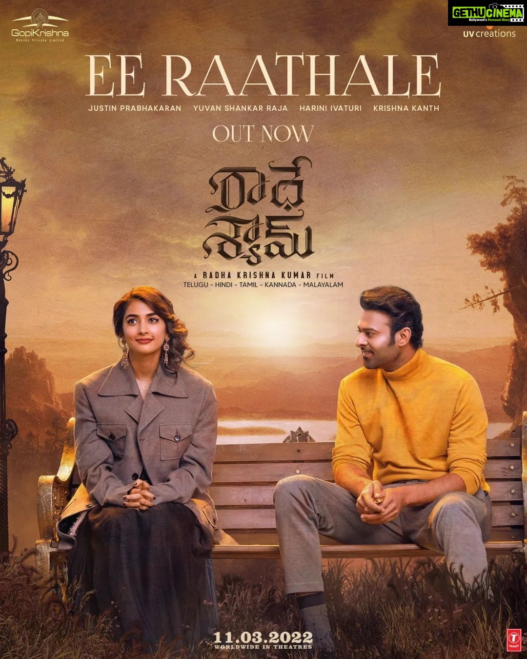 Prabhas Instagram - Experience love like never before. Presenting the beautiful visuals of a heart touching song from #RadheShyam. Full video song out now, link in bio. #EeRaathale #JaanHaiMeri #Aagoozhilae #EeReethile #Kaanaakkare @hegdepooja @director_radhaa @uvkrishnamraju #BhushanKumar @tseries.official @tseriesfilms #Vamshi @uppalapatipramod @praseedhauppalapati #AAFilms @uvcreationsofficial @gopikrishnamvs @iamanil @manojinfilm @prabhakaranjustin @musicthaman @amaal_mallik @armaanmalik @therashmivirag @manan_bhardwaj_official #RRaveendar #KotagiriVenkateswarRao @resulpookutty @vaibhavi.merchant #kamalakannan #NickPowell @sachinskhedekar @preyadarshe @bhagyashree.online @sharma_murli @realkunaalroykapur @actorjayaram_official @iamjaggubhai_ #RadheShyamOnMarch11