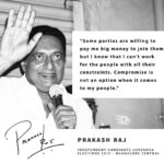 Prakash Raj Instagram - Some parties are willing to pay me big money to join them but I know that I can’t work for the people with all their constraints. Compromise is not an option when it comes to my people- Prakash Raj #citizensvoice #chaloparliament #thinkmaadivotemaadi #prakashrajforprogress