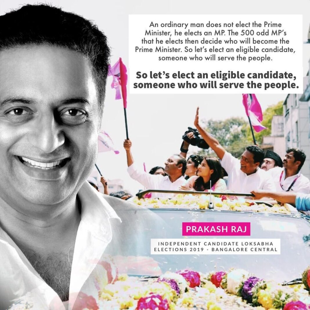 Prakash Raj Instagram - An ordinary man does not elect the Prime Minister, he elects an MP. The 500 odd MP’s that he elects then decide who will become the Prime Minister. So let’s elect an eligible candidate, someone who will serve the people. #thinkmaadivotemaadi #citizensvoice #chaloparliament