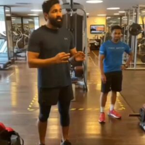R. Sarathkumar Instagram - Vishnu Manchu and me exchanging our fitness techniques at Hyatt hyderabad,  it was fun showing Vishnu how to master the one hand push up . He was recllecting the scene in Sooriyan where I had used the one hand push up.