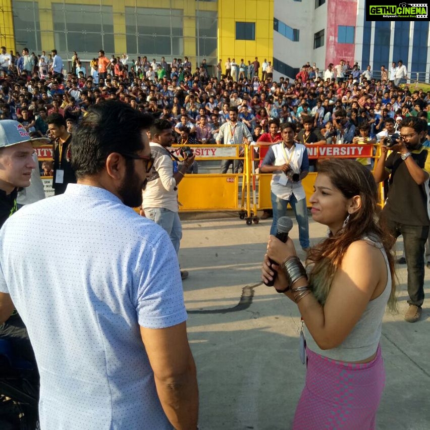 R. Sarathkumar Instagram - I was glad to be at SRM university today to preside over as chief guest for a stunt show sponsored by RedBull. It was mesmerizing to witness Arunas Gibieza Aras who is world renowned stunt rider from Lithuania perform his stunts in campus today. I also interacted with students present there and expressed my views on how youth today could help shape India better.