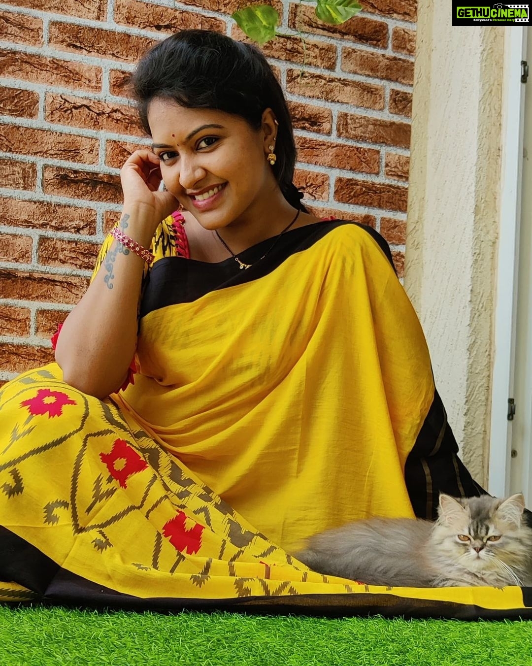 Rachitha Mahalakshmi Instagram - Look who photobombs me while clicking pics..... 😻🐾🐾 🌧️ Rainy mornings 🌧️🌧️🌧️🌧️ : @siberian_whiskeygrey : #sareelove @branding_with_shakthi : #supportwomenentrepreneurs🙋🏼💪🏻